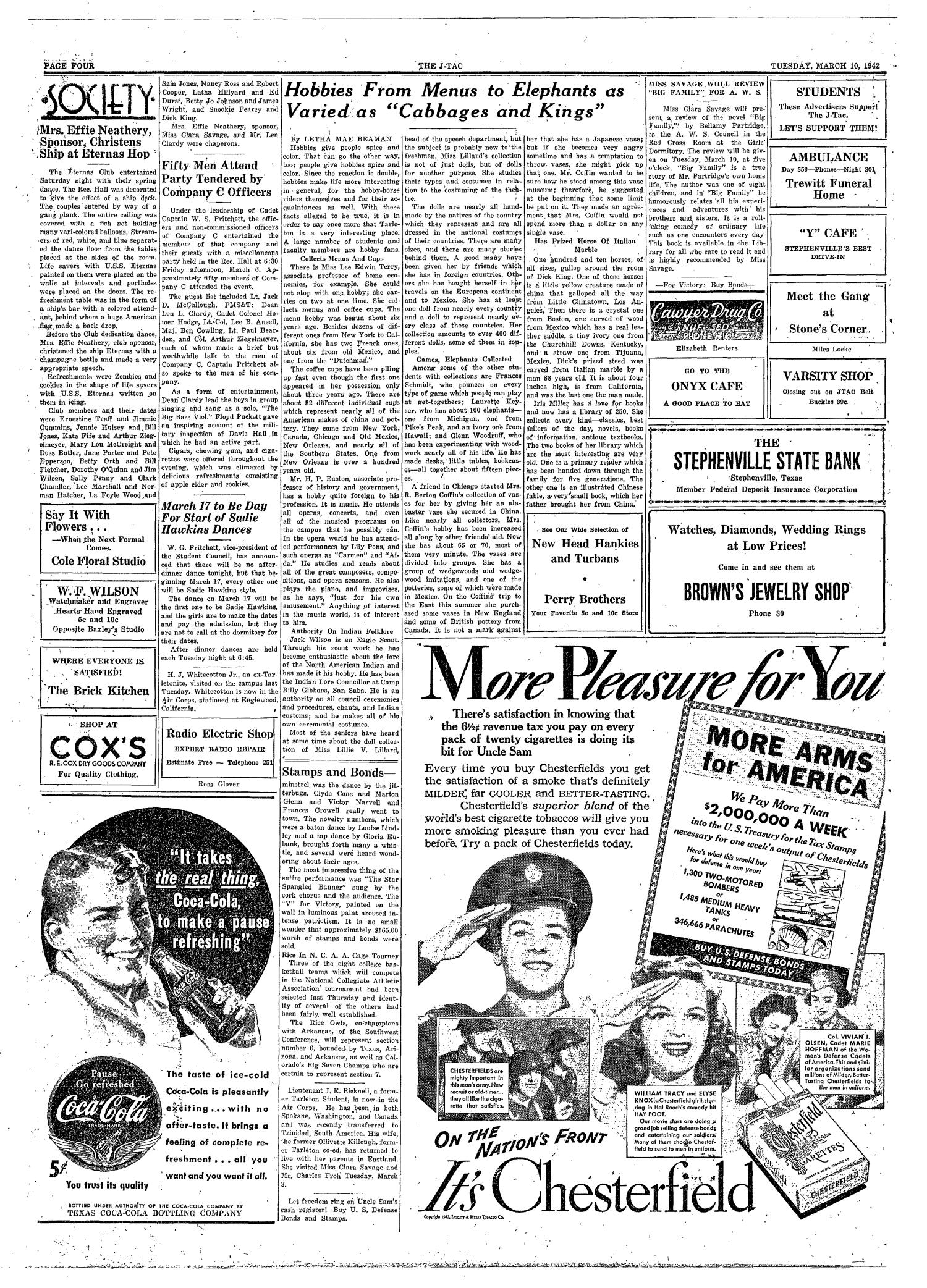 The J-TAC (Stephenville, Tex.), Vol. 21, No. 20, Ed. 1 Tuesday, March 10, 1942
                                                
                                                    [Sequence #]: 4 of 4
                                                