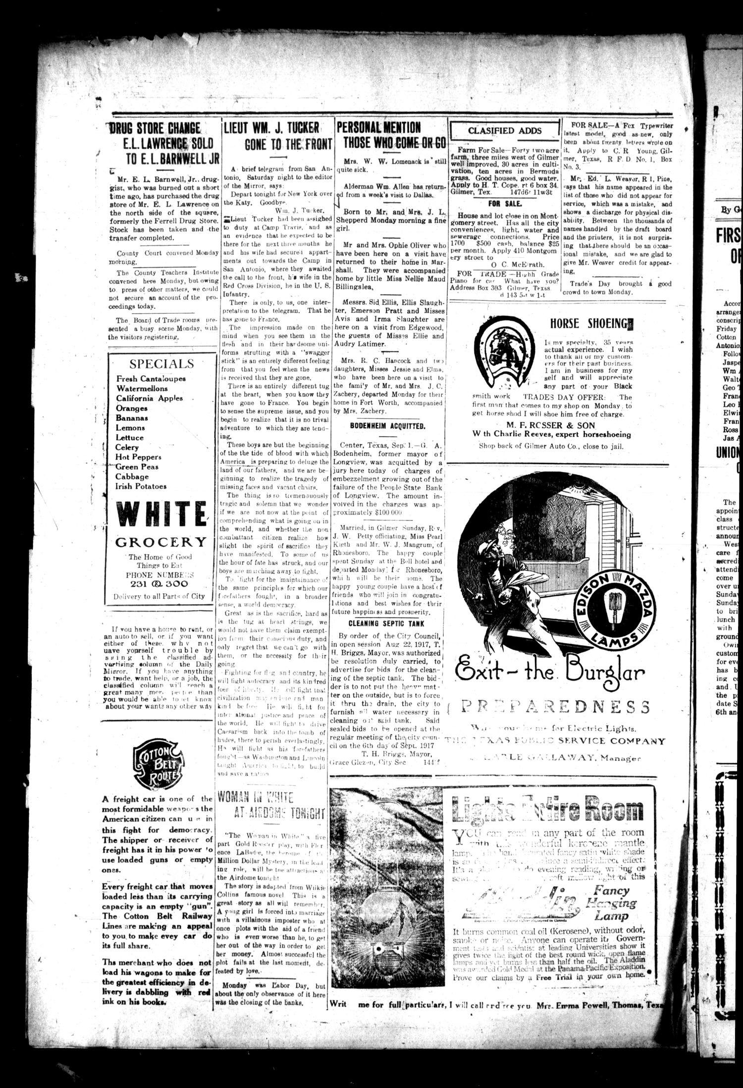 Gilmer Daily Mirror (Gilmer, Tex.), Vol. 2, No. 148, Ed. 1 Monday, September 3, 1917
                                                
                                                    [Sequence #]: 4 of 4
                                                
