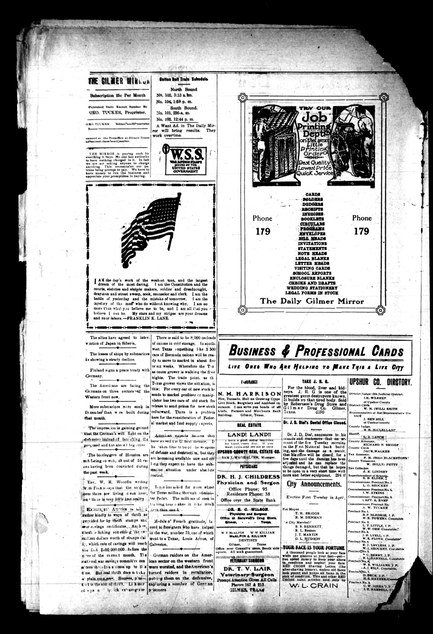 Gilmer Daily Mirror (Gilmer, Tex.), Vol. 2, No. 310, Ed. 1 Saturday, March 9, 1918
                                                
                                                    [Sequence #]: 2 of 4
                                                
