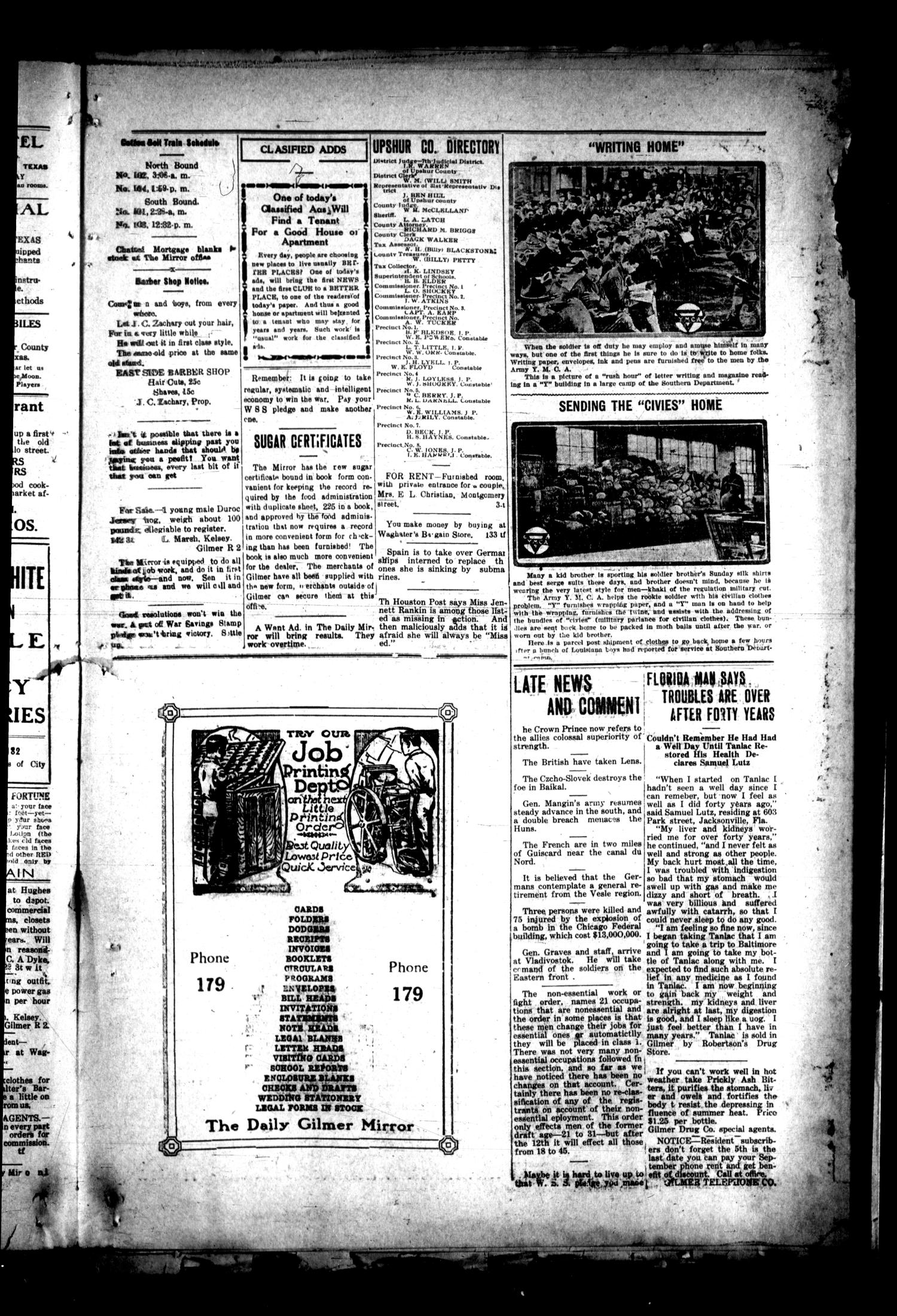 Gilmer Daily Mirror (Gilmer, Tex.), Vol. 3, No. 158, Ed. 1 Thursday, September 5, 1918
                                                
                                                    [Sequence #]: 3 of 4
                                                