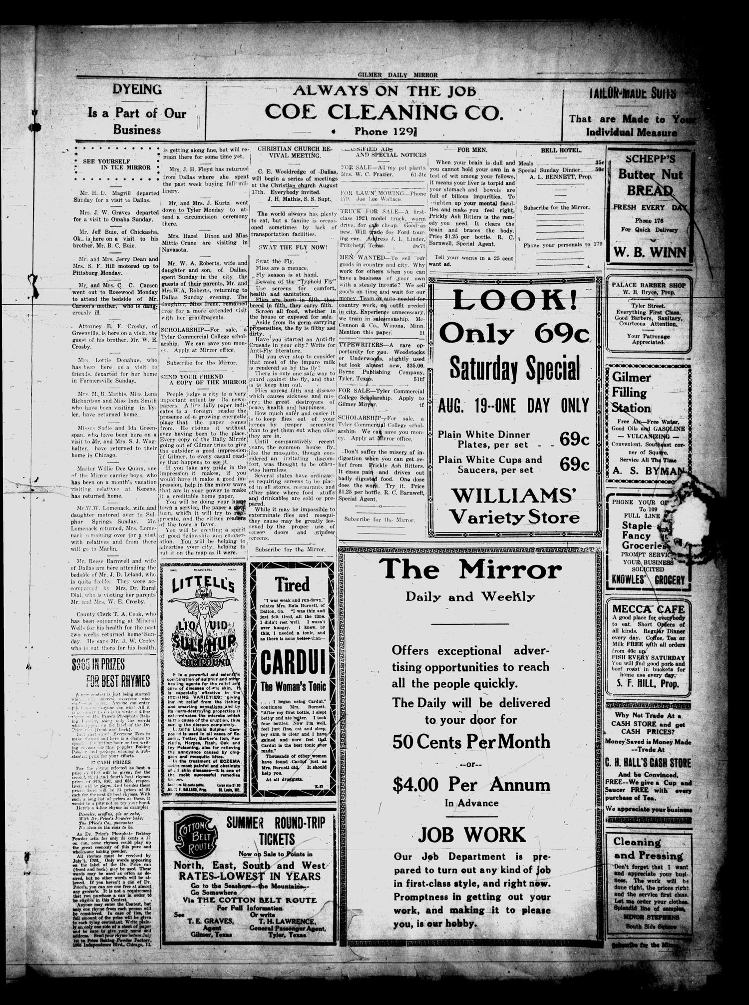 The Gilmer Mirror (Gilmer, Tex.), Vol. 7, No. 64, Ed. 1 Monday, August 14, 1922
                                                
                                                    [Sequence #]: 3 of 4
                                                