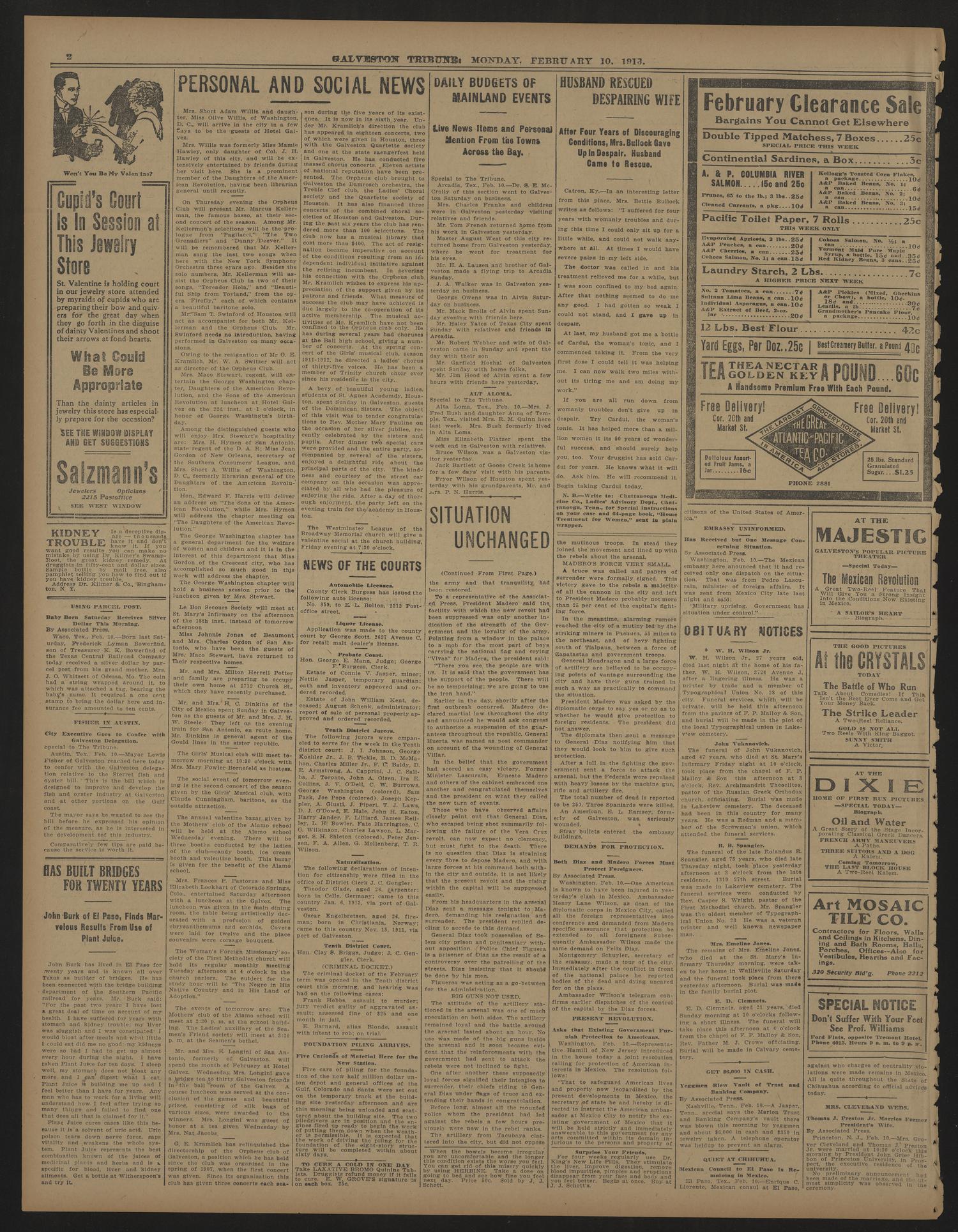 Galveston Tribune. (Galveston, Tex.), Vol. 33, No. 65, Ed. 1 Monday, February 10, 1913
                                                
                                                    [Sequence #]: 2 of 8
                                                