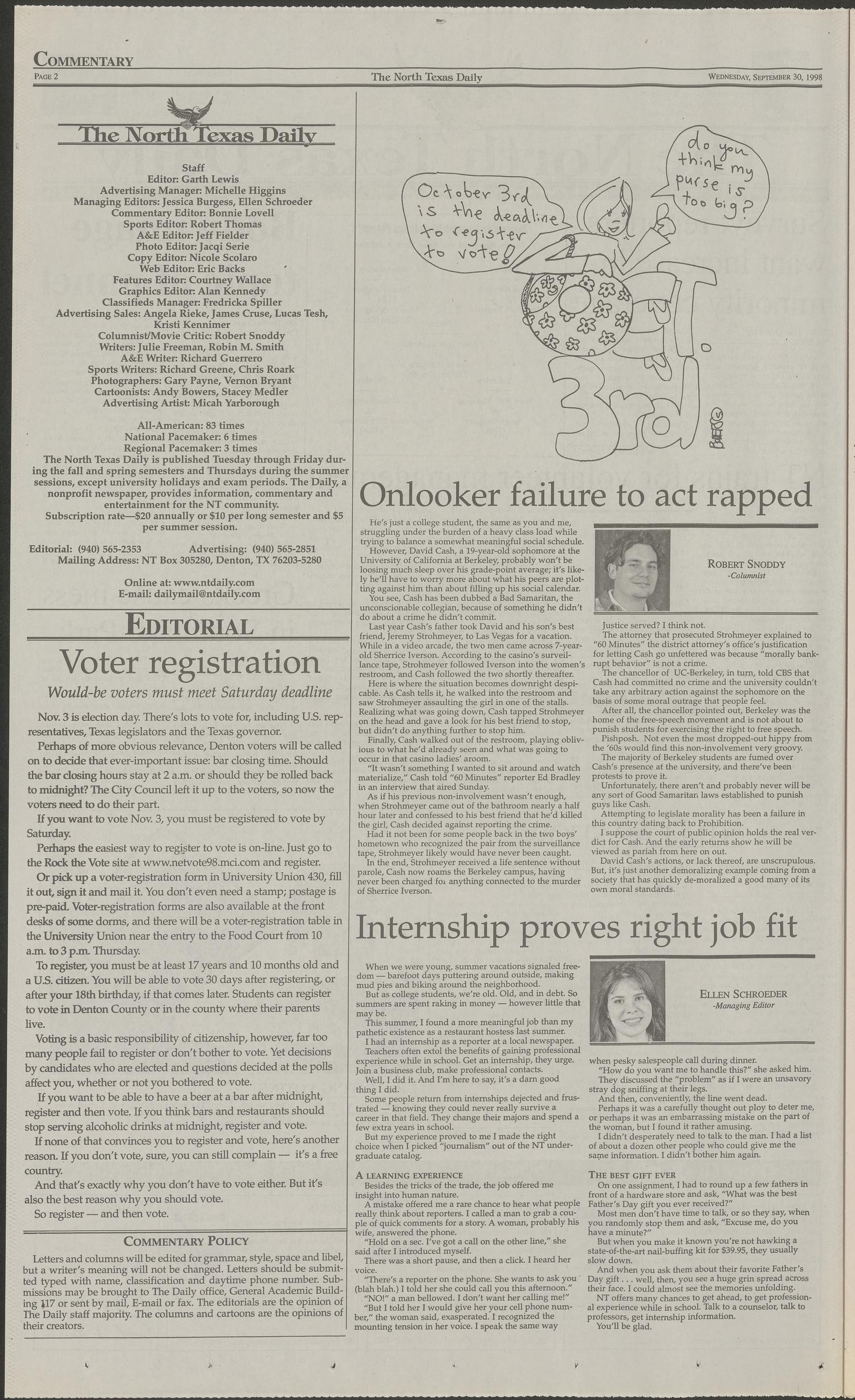 The North Texas Daily (Denton, Tex.), Vol. 81, No. 18, Ed. 1 Wednesday, September 30, 1998
                                                
                                                    [Sequence #]: 2 of 10
                                                