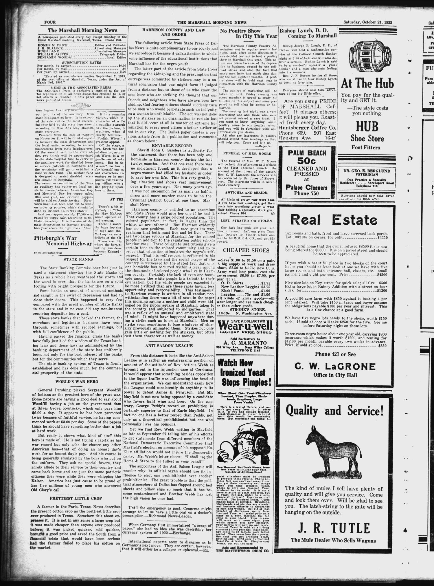 The Marshall Morning News (Marshall, Tex.), Vol. 4, No. 39, Ed. 1 Saturday, October 21, 1922
                                                
                                                    [Sequence #]: 4 of 8
                                                
