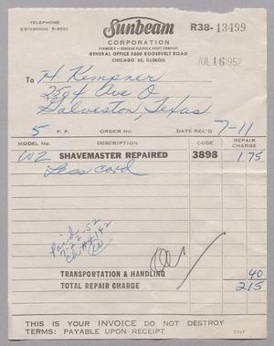Primary view of object titled '[Invoice for Repairing a Less Cord Shavemaster, July 16, 1952]'.