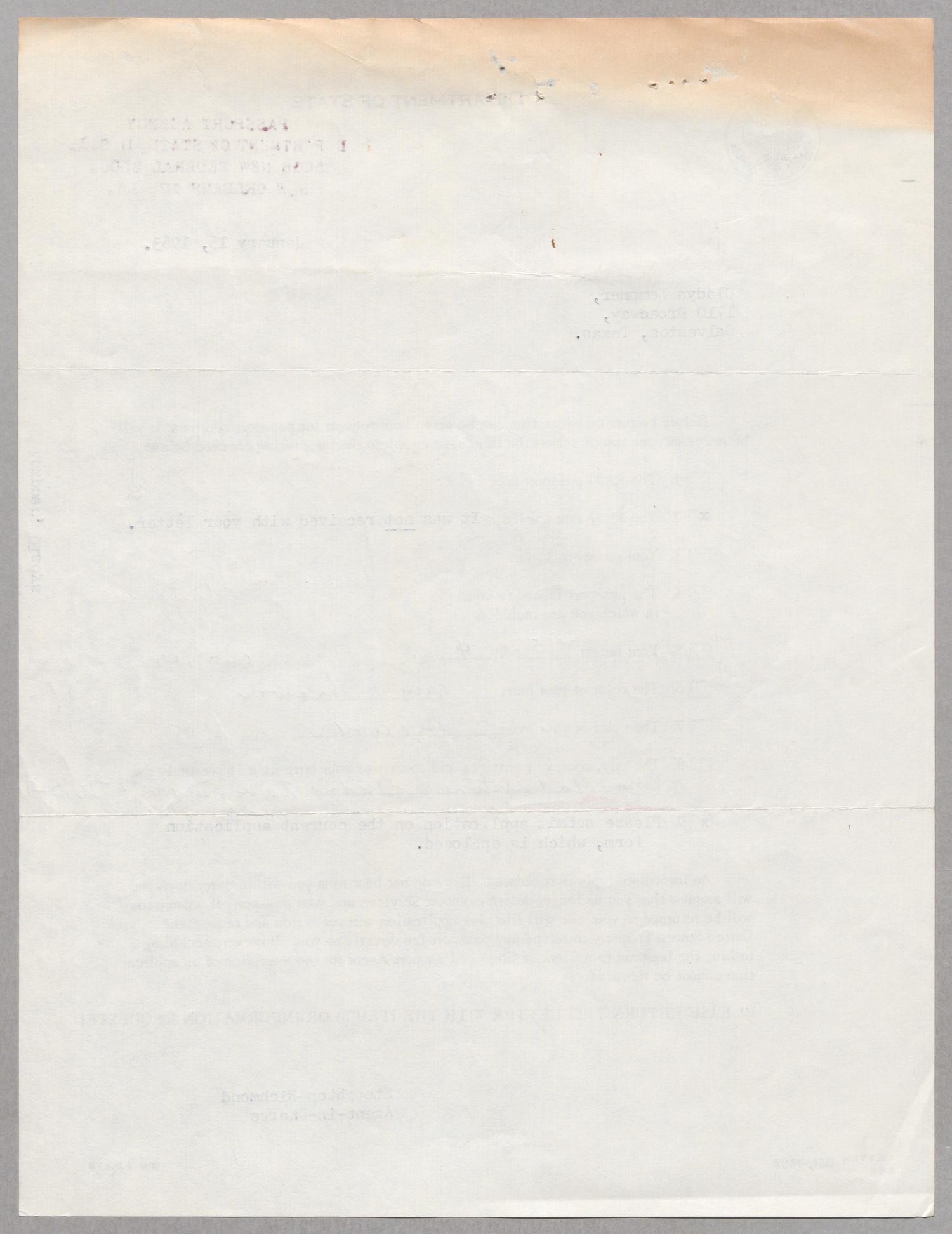 [Letter from Gladys Kempner to Passport Agency, January 14, 1963]
                                                
                                                    [Sequence #]: 6 of 6
                                                