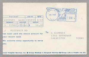 Primary view of object titled '[Postcard from Blue Cross - Blue Shield Group Life & Health to Gladys Kempner, July 2, 1963]'.