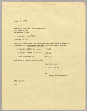 Primary view of object titled '[Letter from Harris L. Kempner Jr. to Western & Southern Life Insurance Company, August 11, 1964]'.