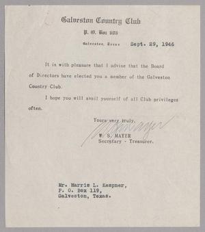 Primary view of object titled '[Letter from Galveston Country Club to Mr. Harris L. Kempner, September 29, 1946]'.