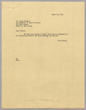 Primary view of object titled '[Letter from A. H. Blackshear, Jr., to Cheng Tsung-O, April 24, 1951]'.