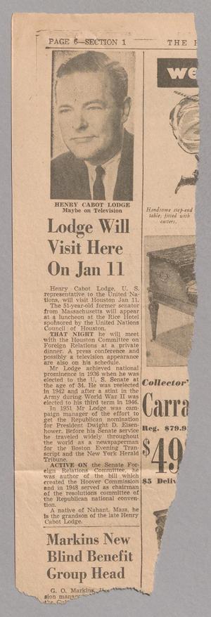 Primary view of object titled '[Clipping: Lodge Will Visit Here On Jan 11]'.