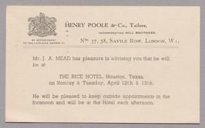 Primary view of object titled '[Postal Card from Henry Poole & Co.,Tailors, to Harris Leon Kempner, April 1954]'.