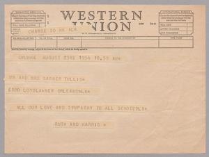 Primary view of object titled '[Telegram from Ruth and Harris Kempner to Mr. and Mrs. Garner Tullis, August 23, 1954]'.