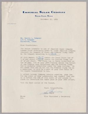 Primary view of object titled '[Letter from Imperial Sugar Company to Mr. Harris L. Kempner, December 21, 1955]'.
