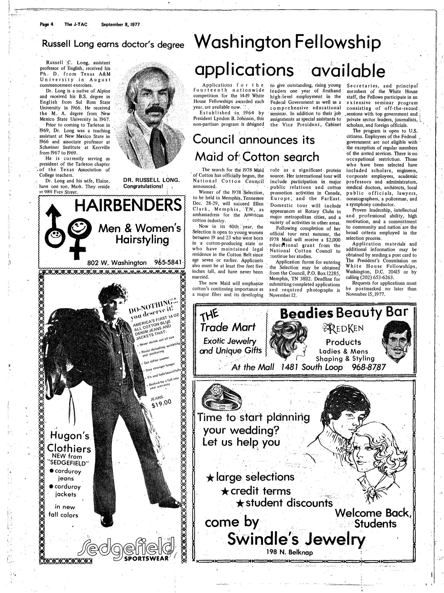The J-TAC (Stephenville, Tex.), Vol. 58, No. 15, Ed. 1 Thursday, September 8, 1977
                                                
                                                    [Sequence #]: 4 of 12
                                                