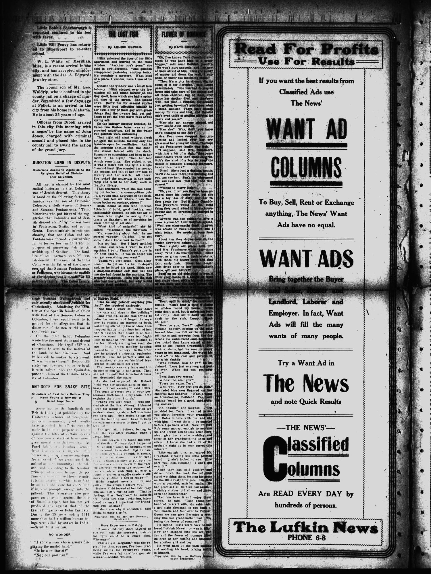 Lufkin Daily News (Lufkin, Tex.), Vol. 1, No. 55, Ed. 1 Wednesday, January 5, 1916
                                                
                                                    [Sequence #]: 4 of 4
                                                