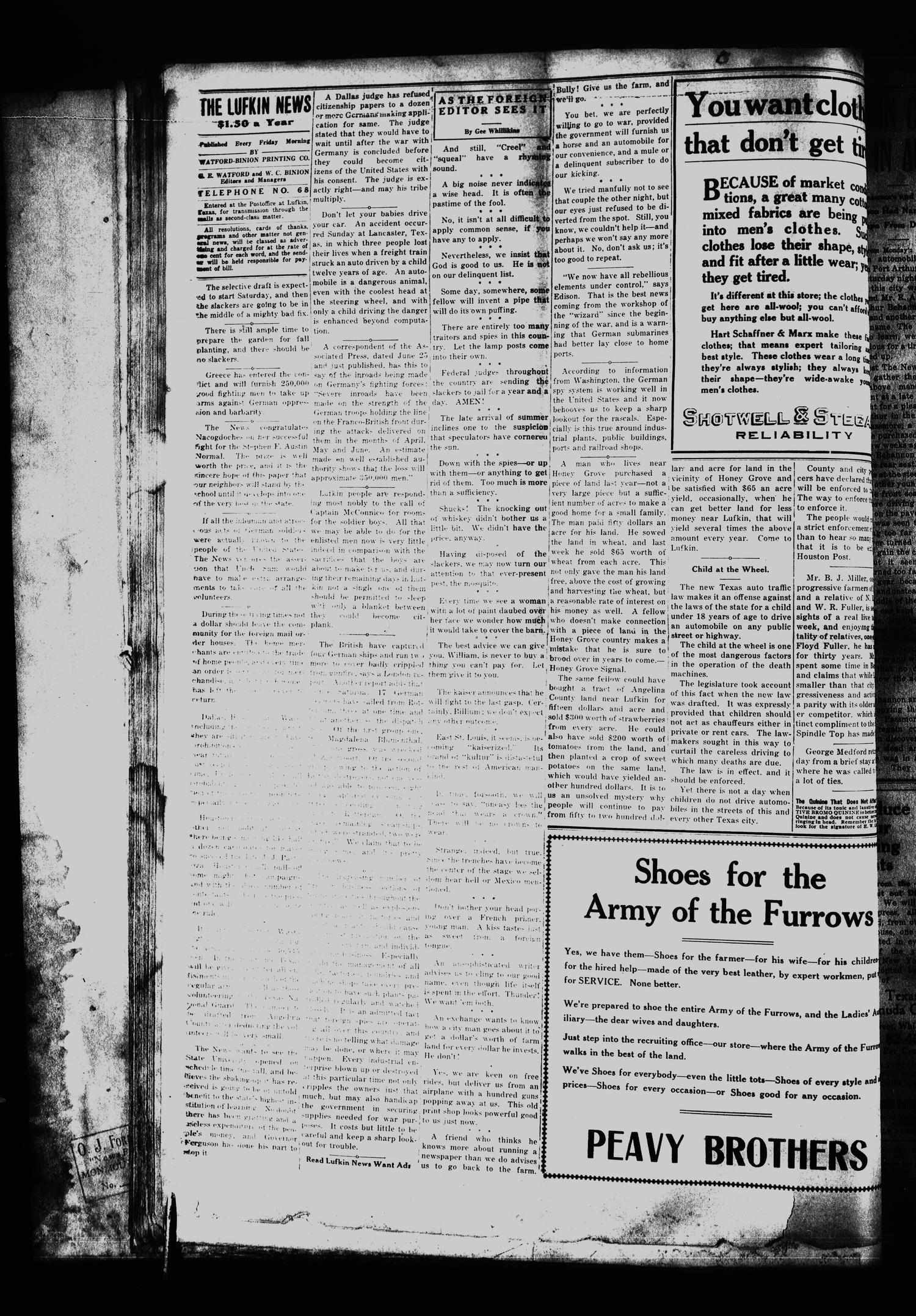 The Lufkin News (Lufkin, Tex.), Vol. [8], No. 179, Ed. 1 Friday, July 20, 1917
                                                
                                                    [Sequence #]: 4 of 8
                                                