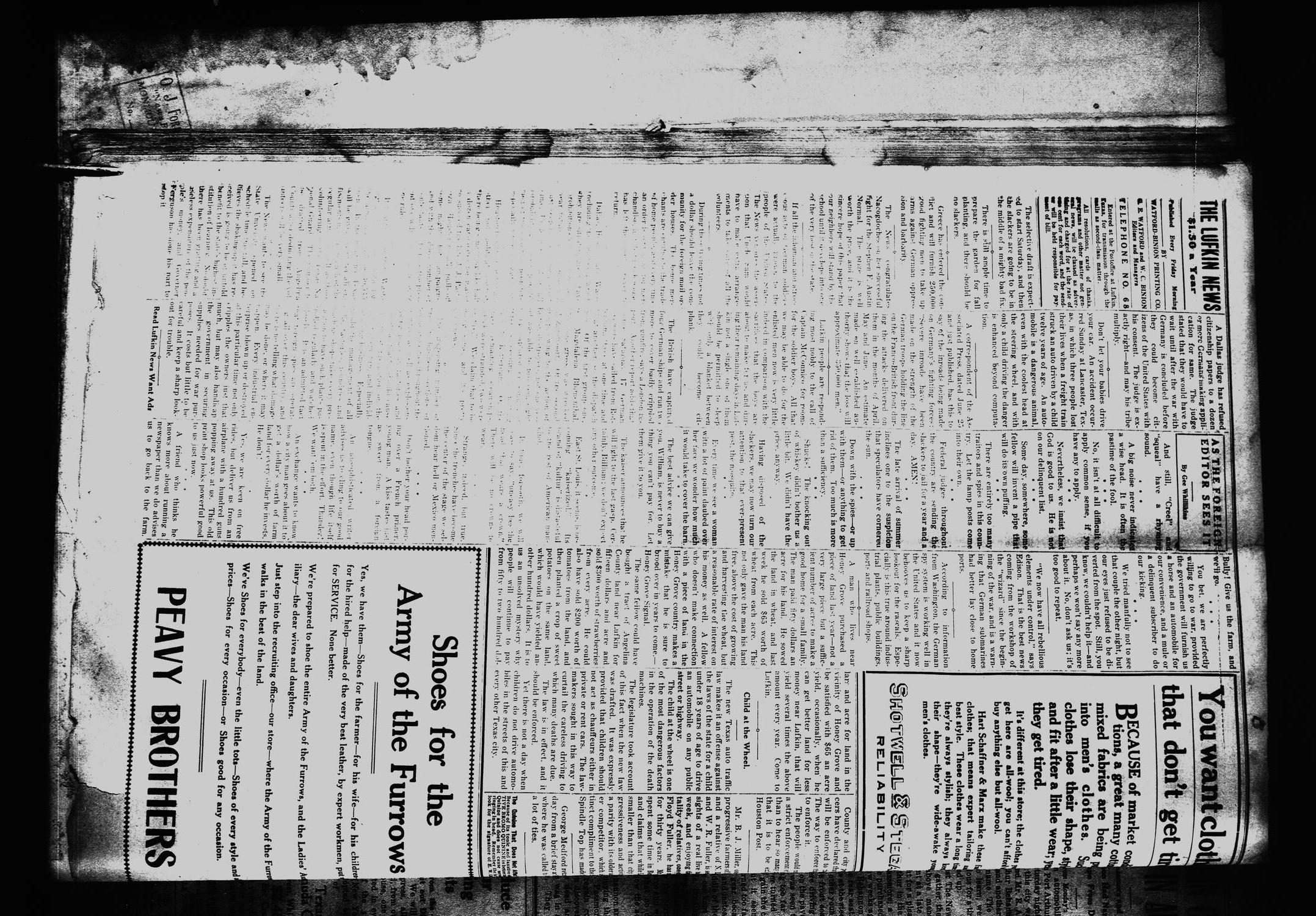 The Lufkin News (Lufkin, Tex.), Vol. [8], No. 179, Ed. 1 Friday, July 20, 1917
                                                
                                                    [Sequence #]: 4 of 8
                                                