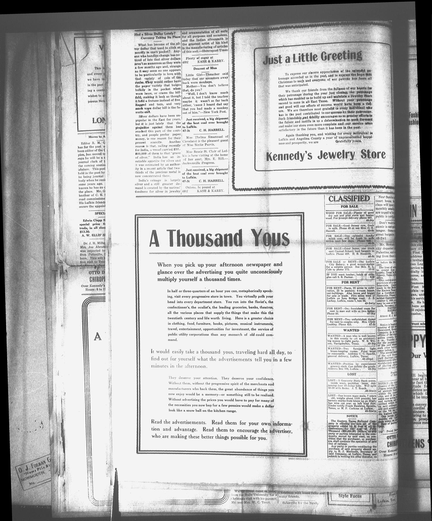 Lufkin Daily News (Lufkin, Tex.), Vol. [6], No. 40, Ed. 1 Thursday, December 30, 1920
                                                
                                                    [Sequence #]: 4 of 4
                                                
