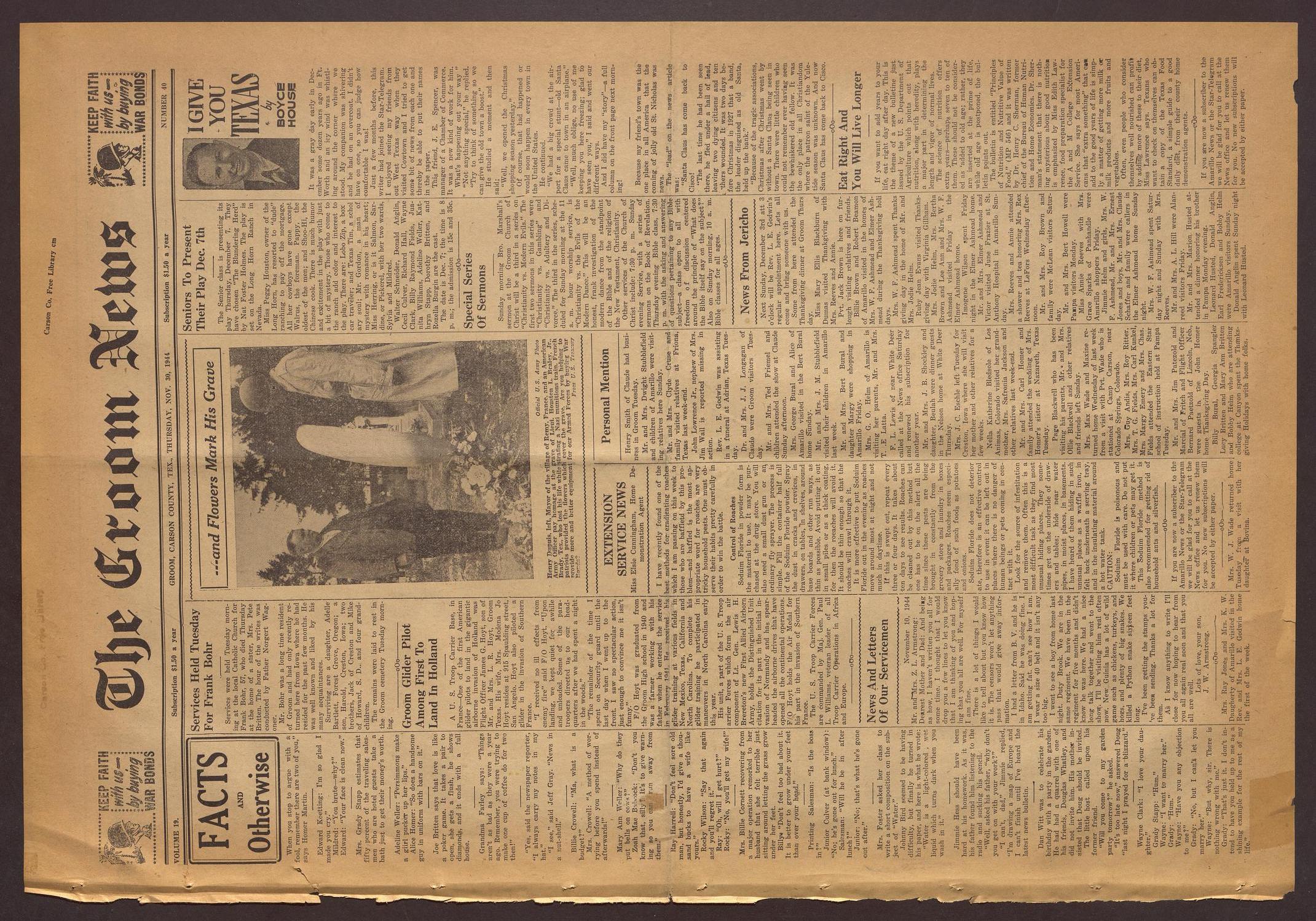 The Groom News (Groom, Tex.), Vol. 19, No. 40, Ed. 1 Thursday, November 30, 1944
                                                
                                                    [Sequence #]: 1 of 8
                                                