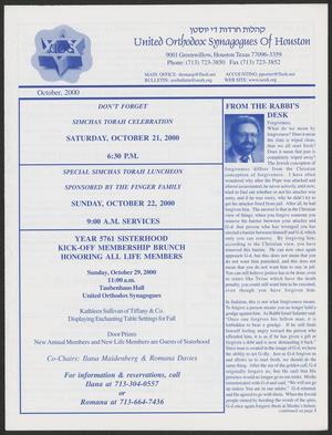 Primary view of object titled 'United Orthodox Synagogues of Houston Bulletin, October 2000'.
