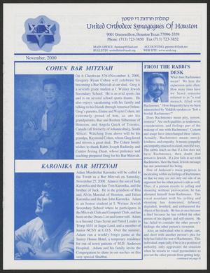 Primary view of object titled 'United Orthodox Synagogues of Houston Bulletin, November 2000'.