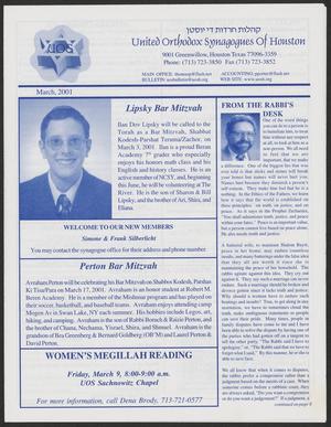 Primary view of object titled 'United Orthodox Synagogues of Houston Bulletin, March 2001'.