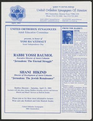 Primary view of object titled 'United Orthodox Synagogues of Houston Bulletin, April 2001'.