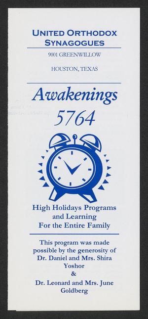 Primary view of object titled 'Awakenings 5764: High Holidays Programs and Learning for the Entire Family Pamphlet'.