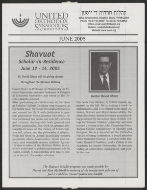 Primary view of object titled 'United Orthodox Synagogues of Houston Bulletin, June 2005'.