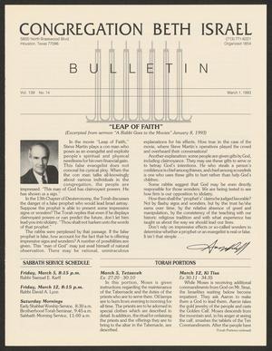 Primary view of object titled 'Congregation Beth Israel Bulletin, Volume 139, Number 14, March 1993'.