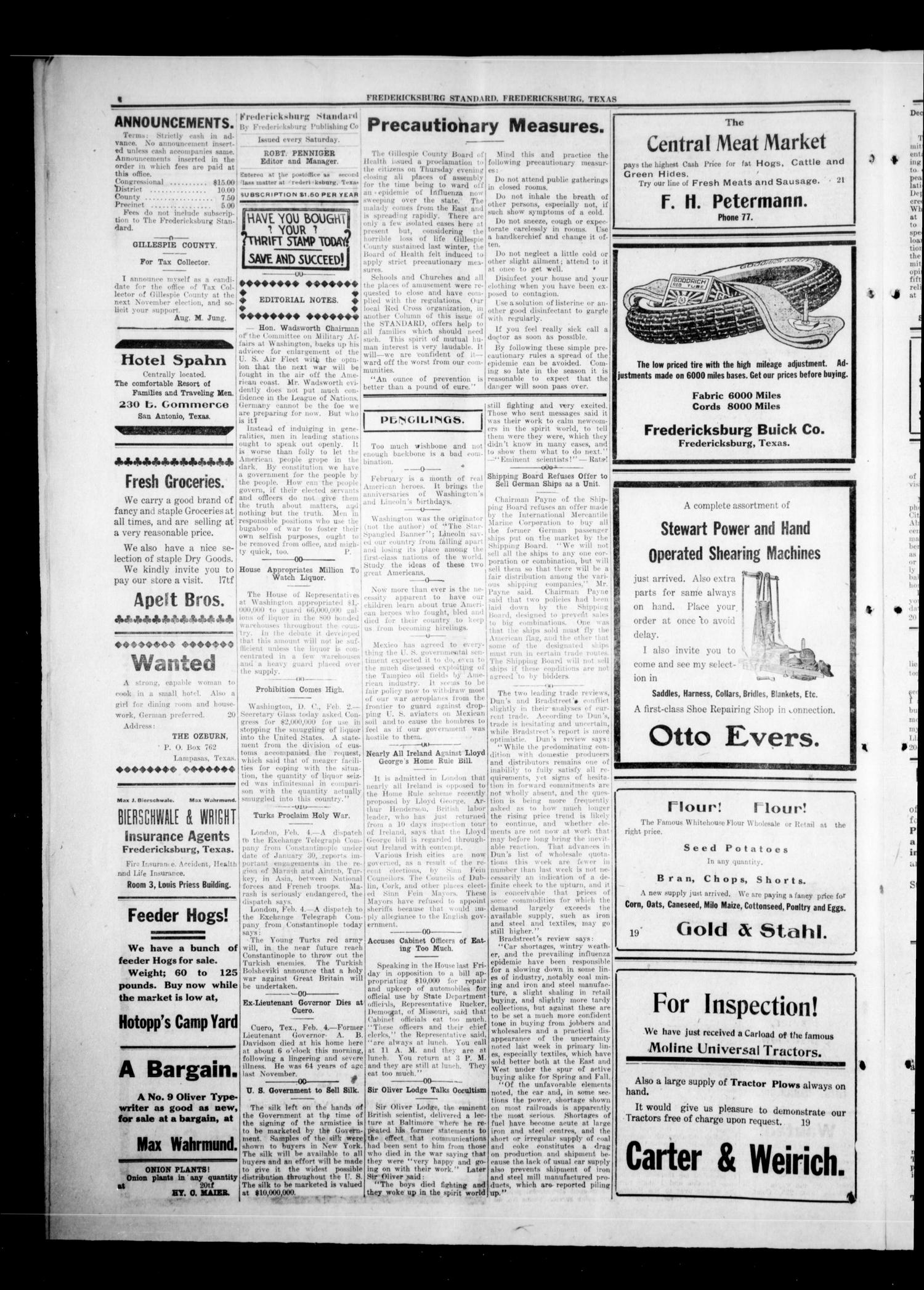 Fredericksburg Standard (Fredericksburg, Tex.), Vol. 13, No. 20, Ed. 1 Saturday, February 7, 1920
                                                
                                                    [Sequence #]: 4 of 8
                                                