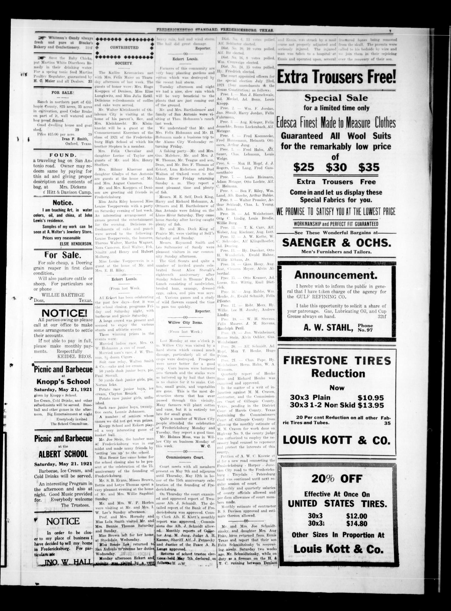 Fredericksburg Standard (Fredericksburg, Tex.), Vol. 14, No. 35, Ed. 1 Saturday, May 21, 1921
                                                
                                                    [Sequence #]: 5 of 8
                                                