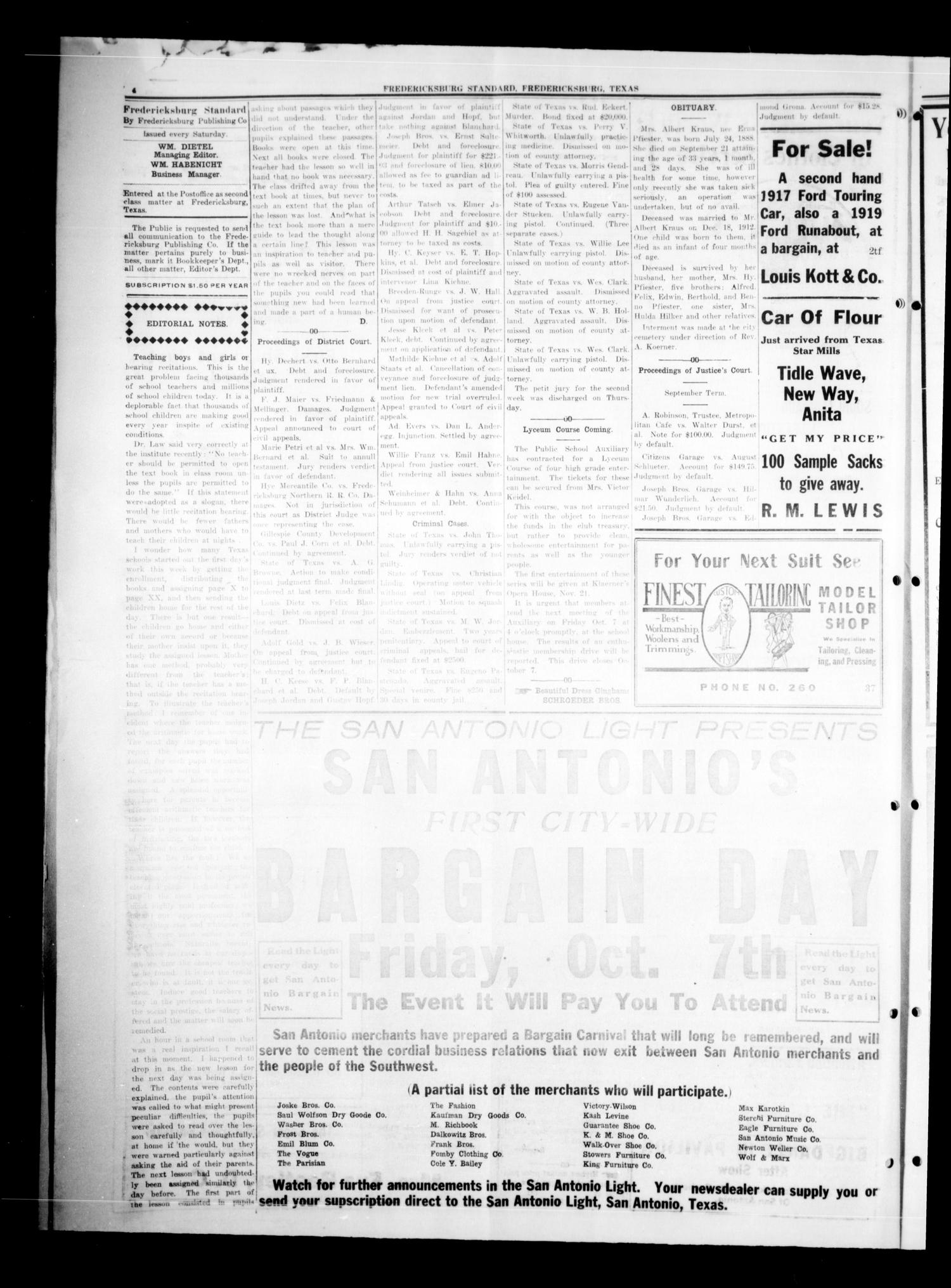 Fredericksburg Standard (Fredericksburg, Tex.), Vol. 15, No. 2, Ed. 1 Saturday, October 1, 1921
                                                
                                                    [Sequence #]: 4 of 10
                                                