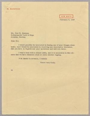 Primary view of object titled '[Letter from Harris L. Kempner to Mr. Ivar H. Bentzen, February 5, 1957]'.