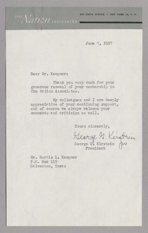Primary view of object titled '[Letter from George G. Kirstein to Harris L. Kempner, June 7, 1957]'.