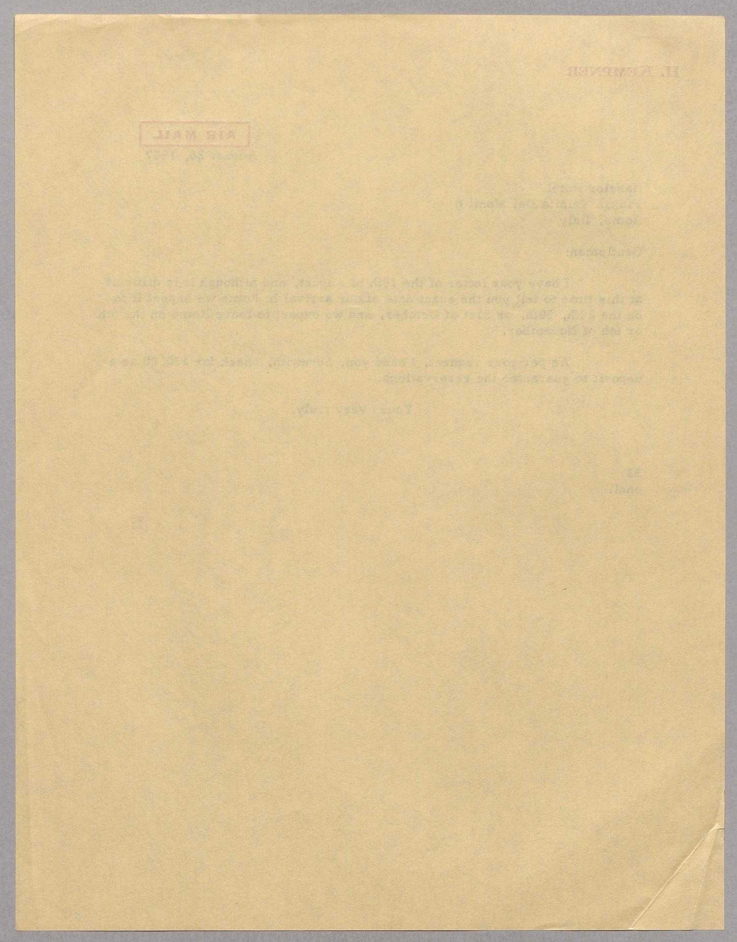 [Letter from Harris L. Kempner to the Hassler Hotel, August 26, 1957]
                                                
                                                    [Sequence #]: 2 of 2
                                                
