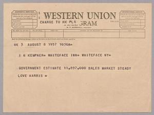 Primary view of object titled '[Telegram from Harris Kempner to Isaac H. Kempner, August 8, 1957]'.