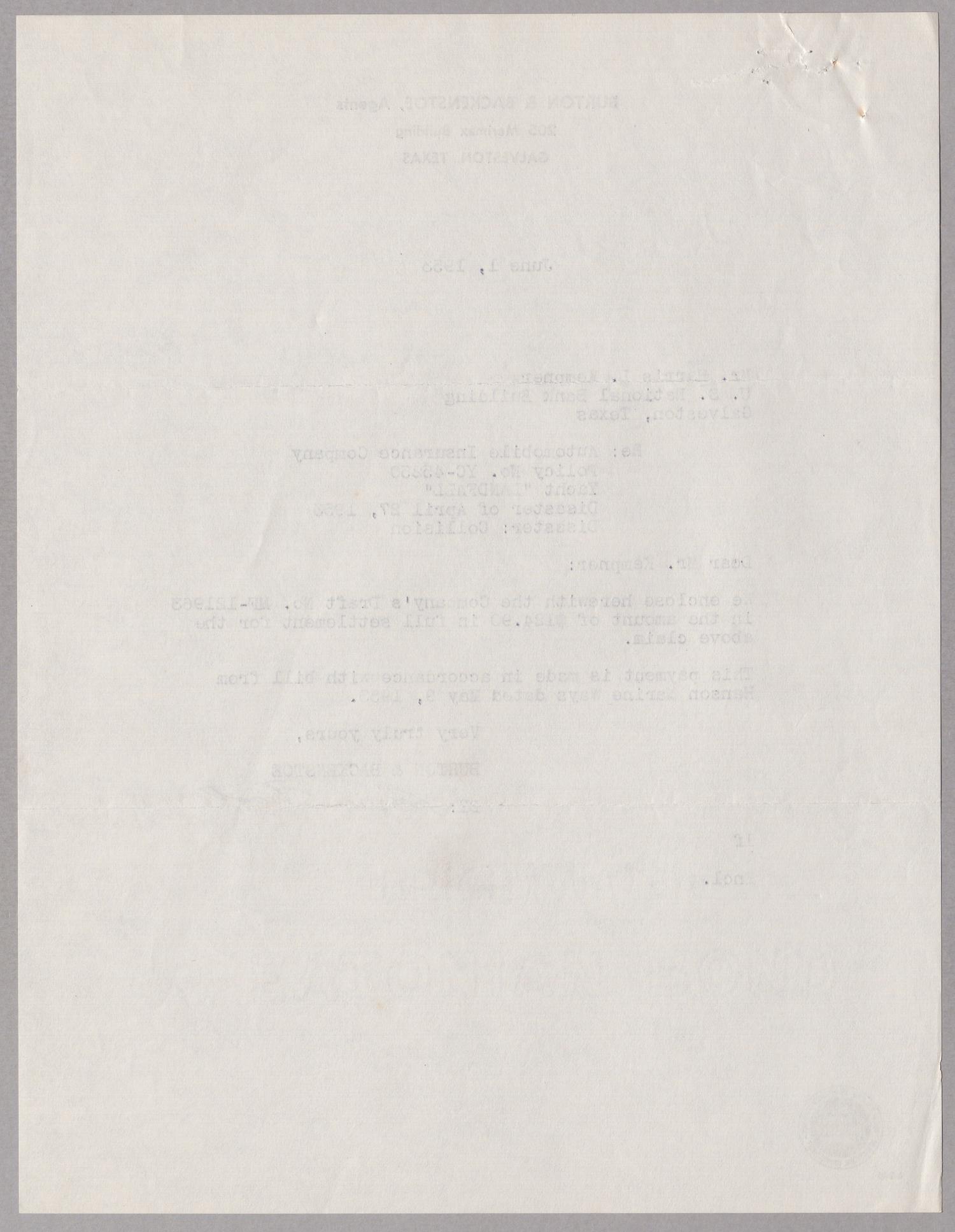 [Letter from Burton & Backenstoe to Harris L. Kempner, June 1, 1953]
                                                
                                                    [Sequence #]: 2 of 2
                                                
