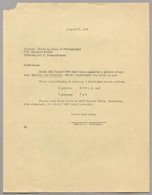 Primary view of object titled '[Letter From Harris Leon Kempner to Messrs. Merin Studios of Photography, August 17,1960]'.