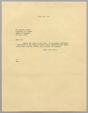 Primary view of object titled '[Letter from Harris Leon Kempner to Douglas Butler, April 21, 1960]'.