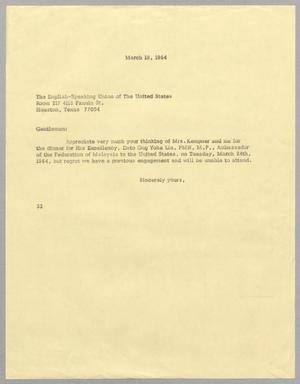 Primary view of object titled '[Letter from Harris L. Kempner, March 18, 1964]'.