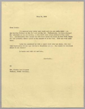 Primary view of object titled '[Letter from Harris L. Kempner to Marion L. Kempner, May 18, 1964]'.