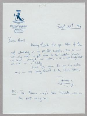 Primary view of object titled '[Letter from Faye to Harris L. Kempner, September 28, 1964]'.