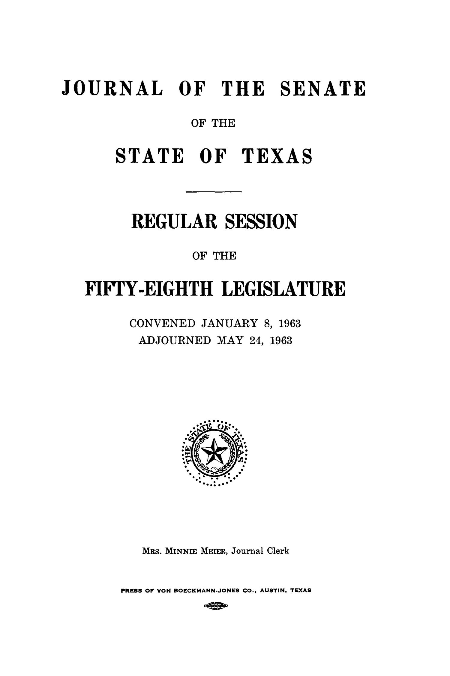 Journal of the Senate of the State of Texas, Regular Session of the Fifty-Eighth Legislature
                                                
                                                    Title Page
                                                