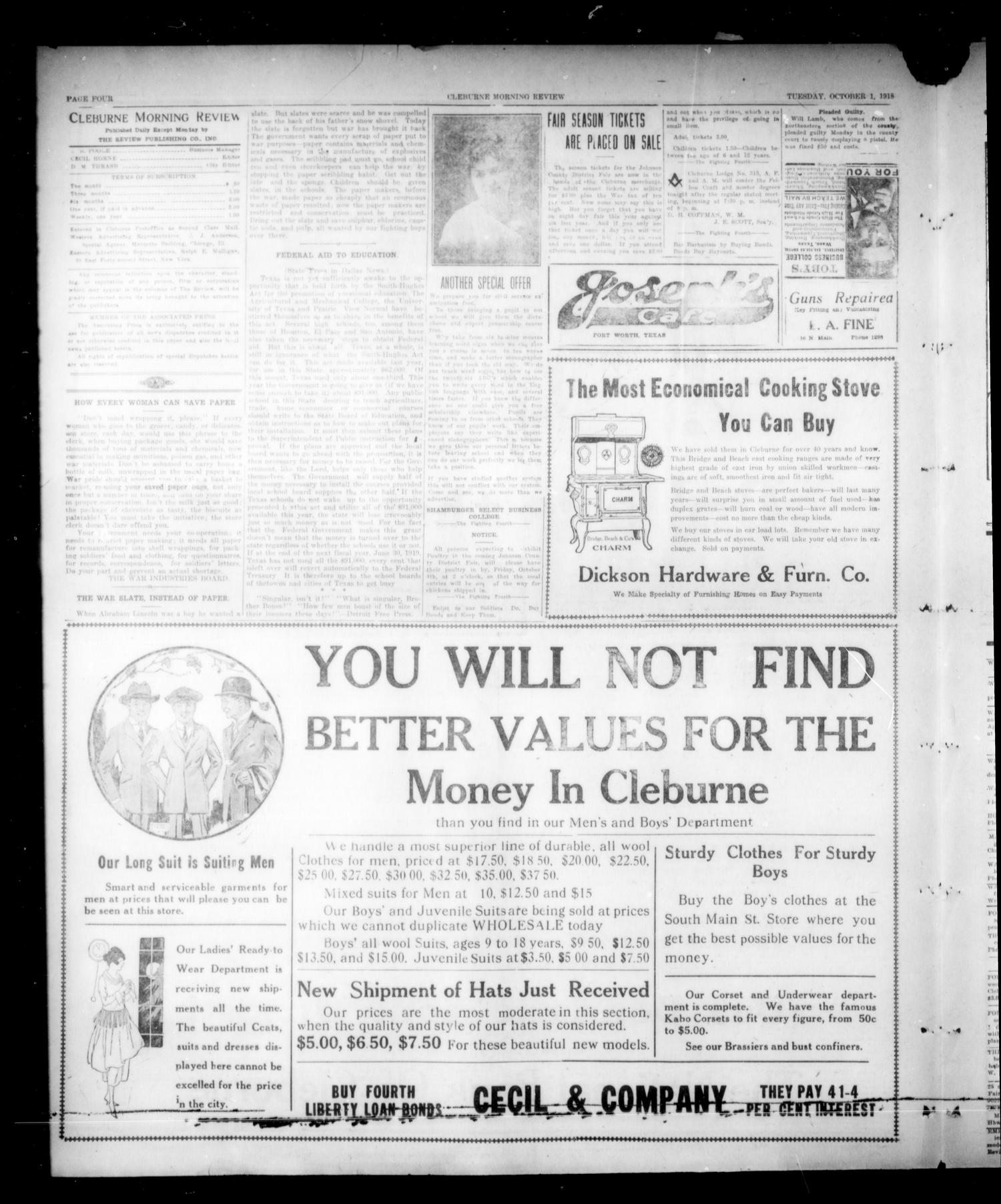 Cleburne Morning Review (Cleburne, Tex.), Ed. 1 Tuesday, October 1, 1918
                                                
                                                    [Sequence #]: 4 of 8
                                                