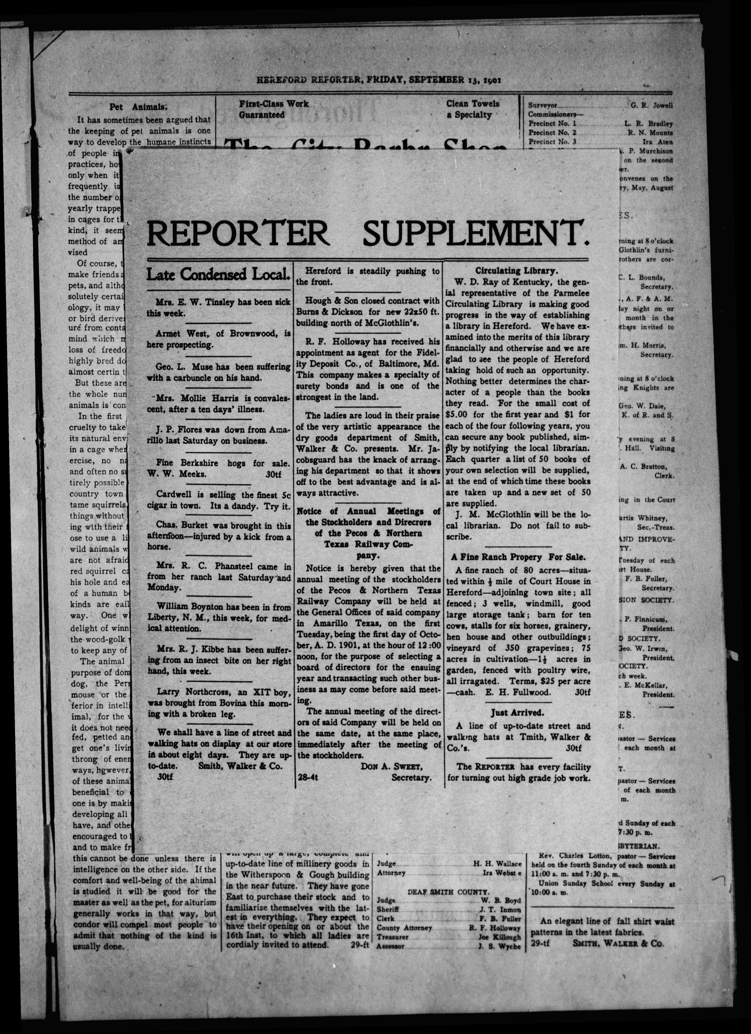 Hereford Reporter (Hereford, Tex.), Vol. 1, No. 30, Ed. 1 Friday, September 13, 1901
                                                
                                                    [Sequence #]: 3 of 8
                                                