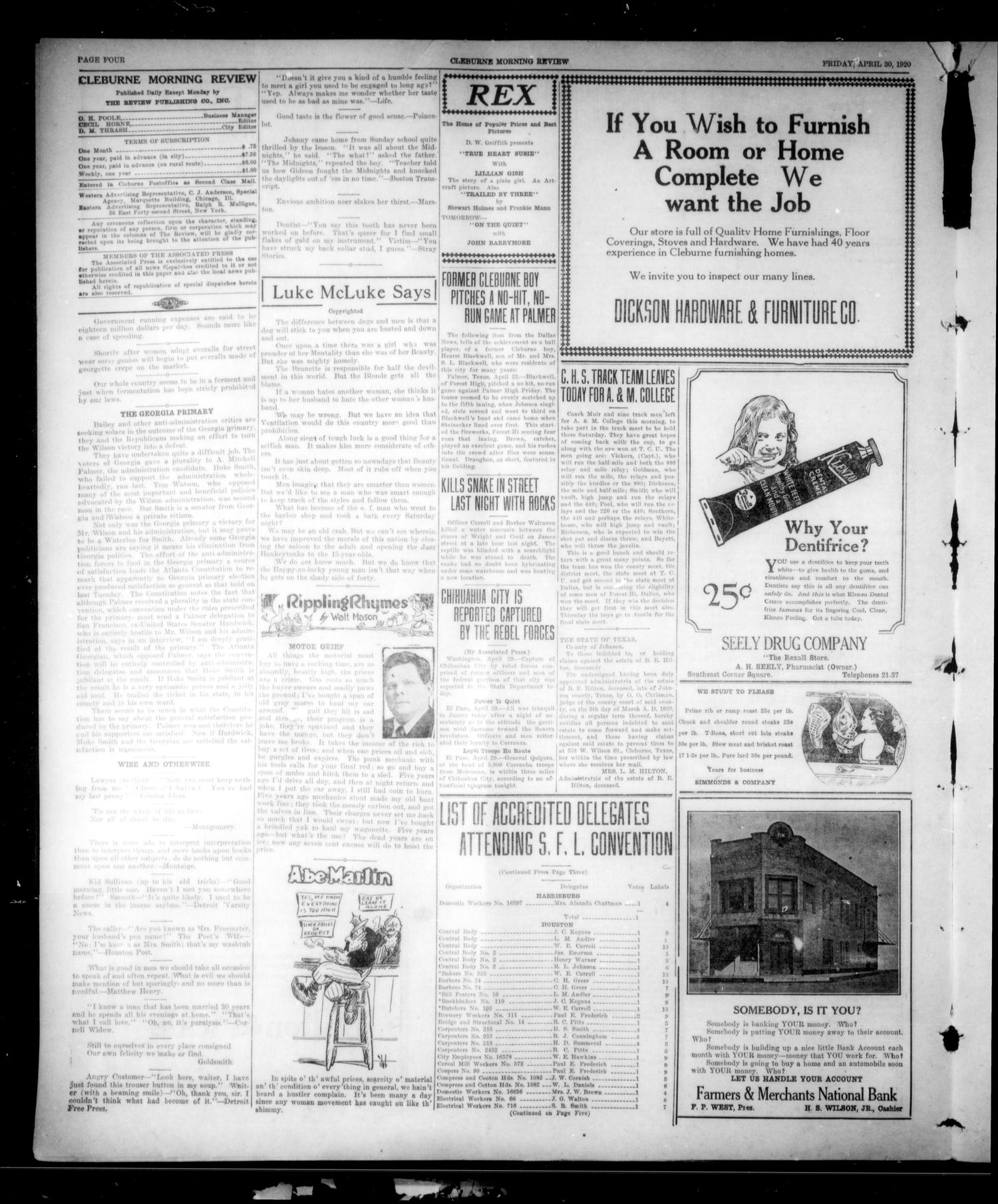 Cleburne Morning Review (Cleburne, Tex.), Ed. 1 Friday, April 30, 1920
                                                
                                                    [Sequence #]: 4 of 10
                                                