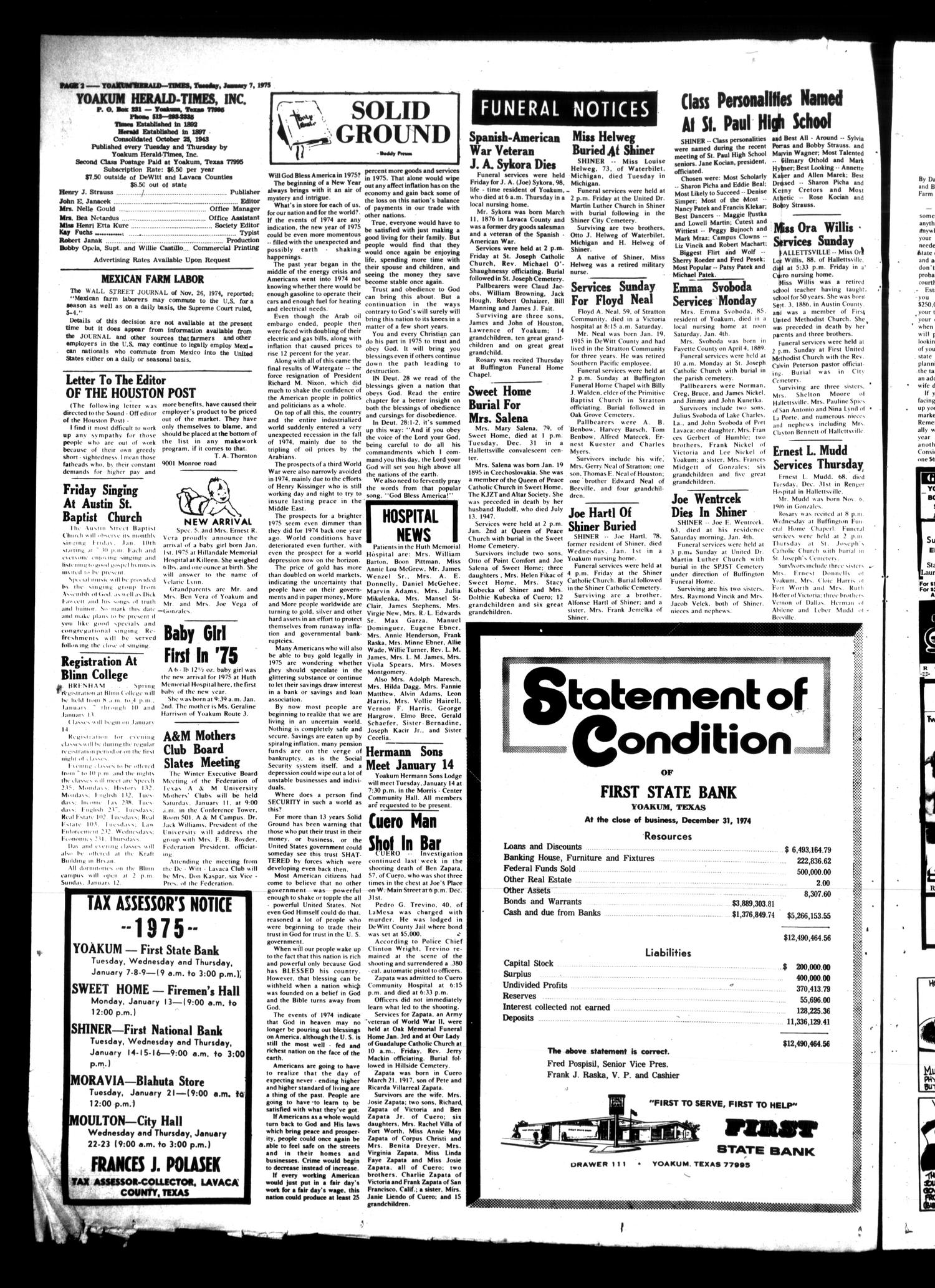 Yoakum Herald-Times (Yoakum, Tex.), Vol. 74, No. 2, Ed. 1 Tuesday, January 7, 1975
                                                
                                                    [Sequence #]: 2 of 8
                                                