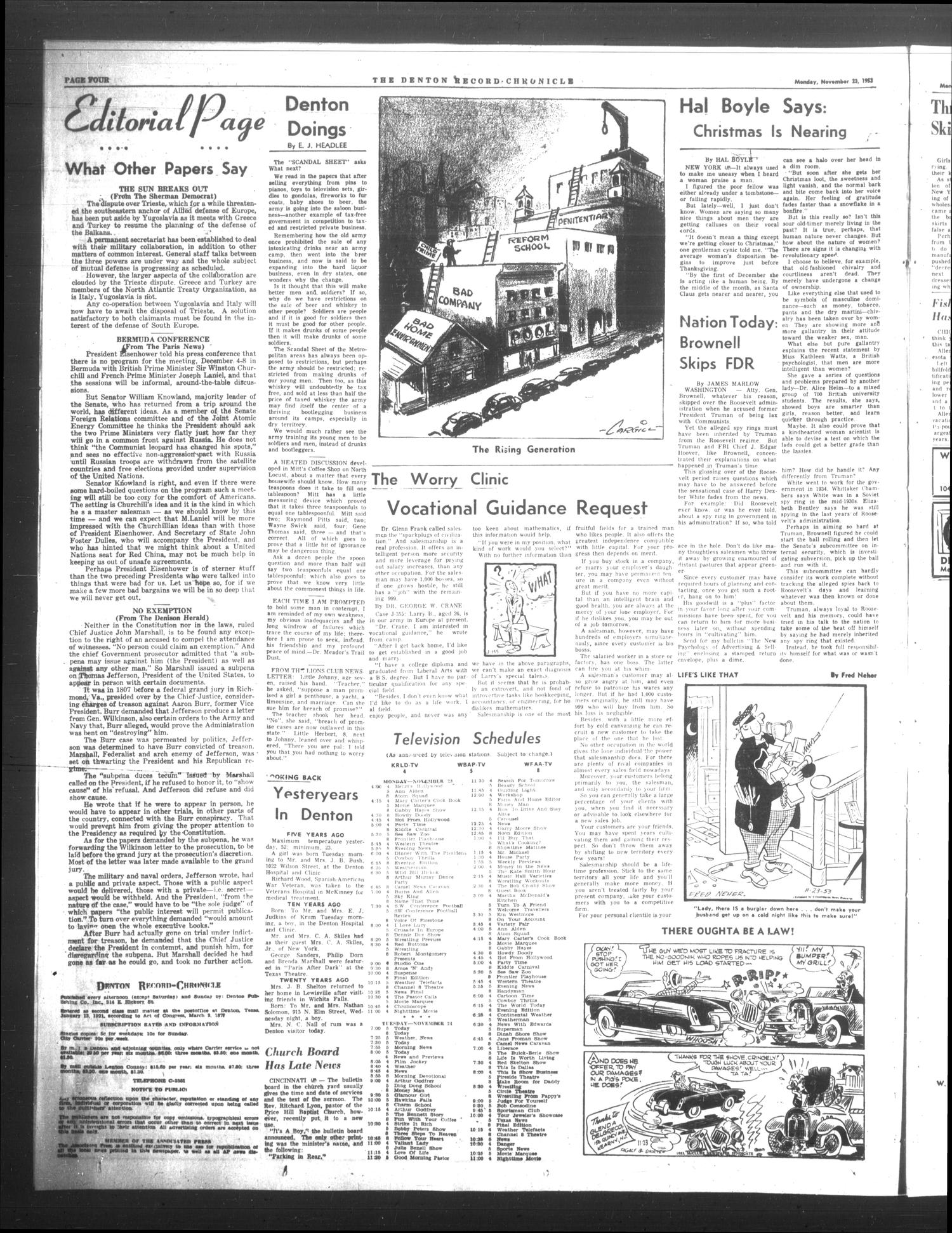 Denton Record-Chronicle (Denton, Tex.), Vol. 51, No. 98, Ed. 1 Monday, November 23, 1953
                                                
                                                    [Sequence #]: 4 of 12
                                                